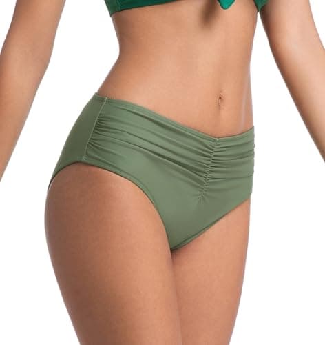 COCOPEAR Mid Rise Bathing Suit Bottoms for Women Ruched Tummy Control Swim Bottoms Full Coverage Bikini Bottoms for Women Army Green M - Thumbnail 3