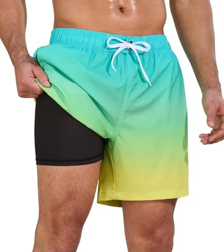 SILKWORLD Men Swimming Trunks 2 in 1 Swim Shorts Breathable Elastic Waist Bathing Suit, Yellow Green Gradient, X-Large - Image 1
