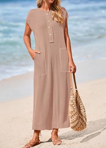 KIRUNDO Womens Summer Dresses 2026 Spring Ribbed Knit Henley Short Sleeve Maxi Dress Button Up Loose Beach Vacation Sundress(Khaki, X-Large) - Thumbnail 5