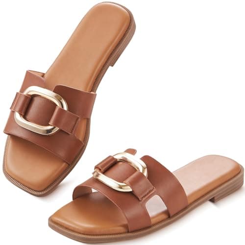 YTSKJ Womens Sandals Slip On Flat for Summer Comfortable Ladies Dressy Fashion Square Open Toe Slides Faux Leather Casual Shoes with Metal Decor Gold Brown Size 7 - Image 1