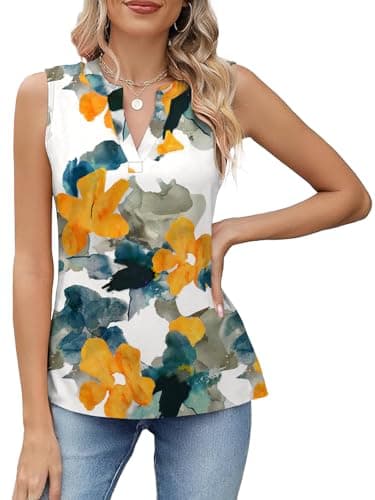 SLOWCOLIN Womens Tank Tops Loose Fit V Neck Tank Tops for Women Summer Casual Sleeveless Shirts White-Yellow M - Thumbnail 2