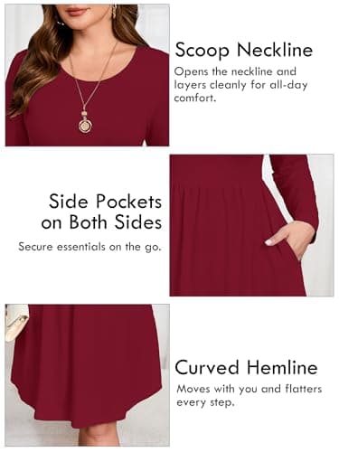 AusLook Women's Plus Size Long Sleeve Midi Dress Crewneck Casual Empire Waist Loose Flowy Dresses A-Line Boho Party 2025 Fall Winter Long Burgundy 4X Dress Vacation Outfit with Pockets - Thumbnail 4