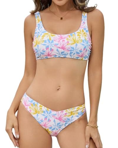 Cromi Sporty Bikini Sets for Women Scoop Neck Two Piece Swimsuit High Cut Bathing Suit with Athletic Crop Top Flower XL - Image 1