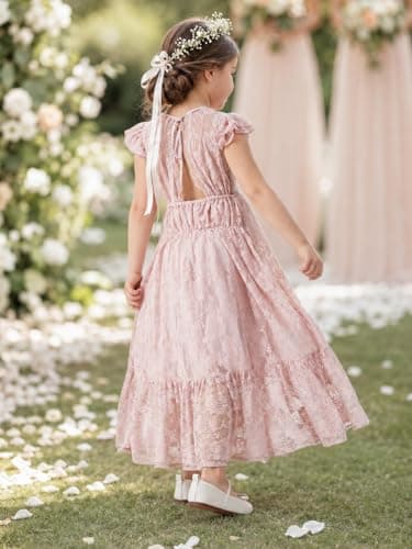 ALLOVIN Toddler & Girls Spring Easter Lace Flower Girl Dress for Wedding Baptism First Communion Maxi Boho A-Line | Flutter Sleeve Dusty Pink | 3-4Y - Thumbnail 3