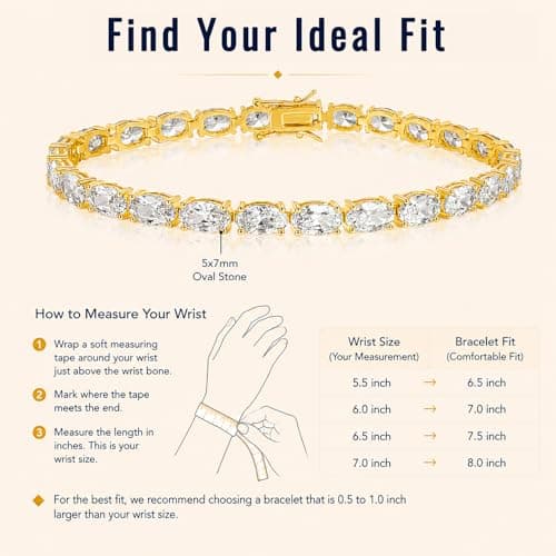 Gemsme Oval Tennis Bracelets for Women, Gold Tennis Bracelet with 5x7mm Oval Cubic Zirconia, 18K Gold Plated Classic Diamond Tennis Bracelet for Women/Men - Size 8 inch - Thumbnail 6