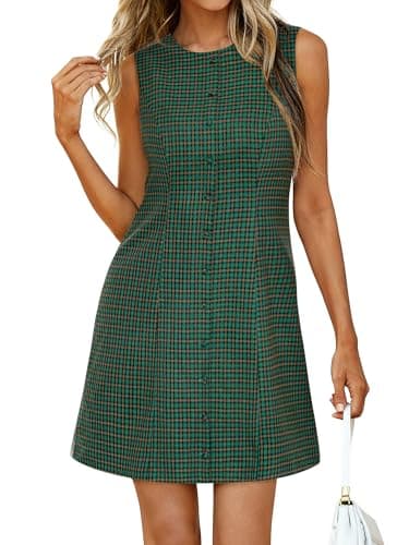 BTFBM Summer Dresses for Women 2026 Plaid Sleeveless Zip Up A Line Mini Dress Business Casual Vacation Gingham Sundress(Green, Medium) - Image 1
