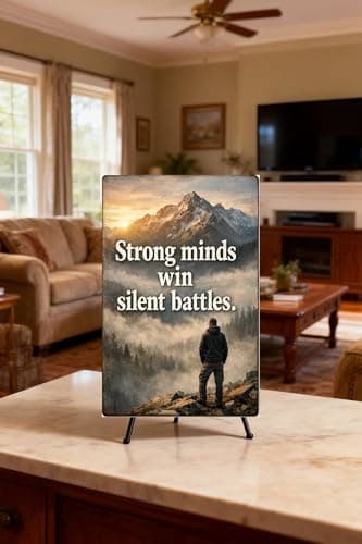 Strong Minds Win Silent Battles Tin Sign Inspirational Quote Metal Wall Decor Vintage Mountain Fog Artwork Motivational Rustic Plaque for Home Office Gym Man Cave Cabin Wall Art 8x12 Inch - Thumbnail 3