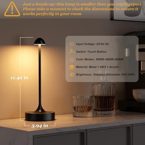 Kakanuo Rechargeable Cordless Table Lamp, Battery Operated Lamps, 3-Color Stepless Dimming, Portable Wireless Desk Lamp, LED Lighting for Dining Room, Restaurant, Office, Bar, Home(Black 2 Pack) - Thumbnail 5