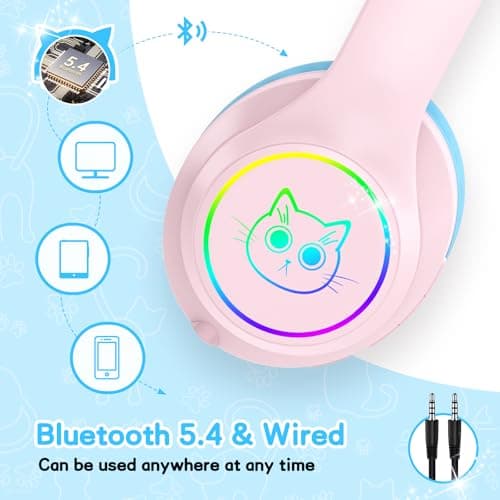 LOBKIN Kids Bluetooth Headphones,Over Ear Kids Headphones Wireless with Mic 50H Playtime Colorful LED Lights AUX Cord 94dB Safe Volume Limited Foldable Design for Boy Girl Travel/School/iPad - Thumbnail 2