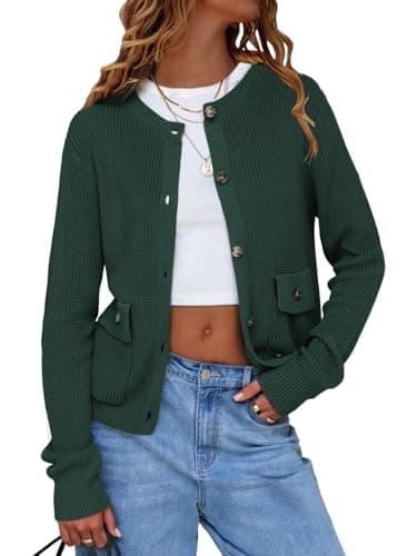 EXLURA Womens 2025 Knit Cardigan Sweaters Spring Fall Crewneck Open Front Button Jacket Fashion Outerwear Coats with Pockets Dark Green