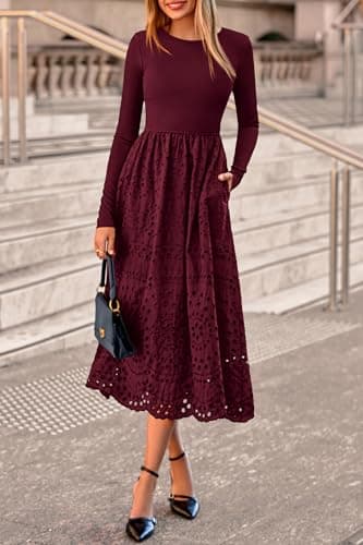 dowerme Women Spring Dresses 2026 Casual Long Sleeve Crewneck A-Line Boho Eyelet Cotton Maxi Wedding Guest Dress Pockets(Dark Red,Small) - Thumbnail 6