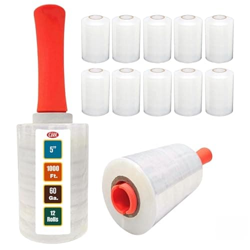 12 Pack Industrial Strength Mini Hand Stretch Wrap with 2 Plastic Handles, 60 Gauge Thick, 5" x 1000 Ft Roll, Shrink Wrap Roll for Moving Pallets, Plastic Wrap for Packing, Heavy Duty Stretch Film - Image 1