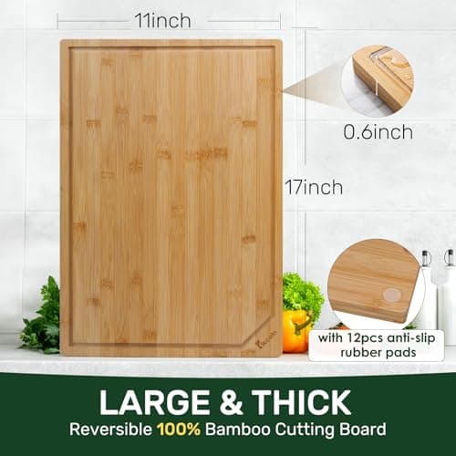 Kikcoin 17”×11” Bamboo Cutting Boards for Kitchen, Healthy Wooden Cutting Boards for Kitchen, Charcuterie, Vegetables, Cheese, Extra Large Chopping Boards with Deep Juice Groove and Handle, Natural - Thumbnail 3