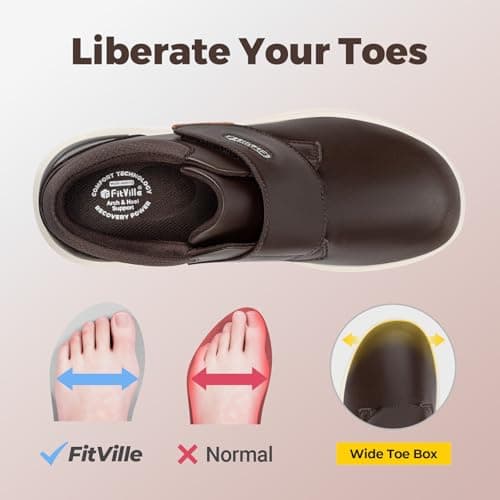 FitVille Diabetic Shoes for Men Extra Wide Comfortable Leather Walking Shoes Hook & Loop Orthopedic Dress Sneakers for Edema and Swollen Feet (Wide 9, Dark Brown) - Thumbnail 5