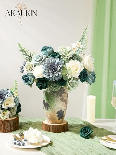 AKAUKIN Green Artificial Flowers Box Set Fake Silk Roses Peonies Dahlia & Greenery with Stems for Wedding Bridal Bouquets, Baby Shower, Party, Table Centerpieces, Home Decor & DIY Floral Arrangements - Thumbnail 2