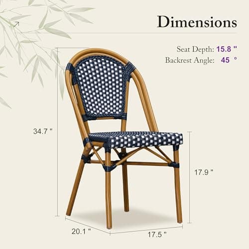PURPLE LEAF Outdoor Dining Chair Set of 2 Patio French Aluminium Frame in Bamboo Finish with Navy Blue & White Woven Rattan for Kitchen Deck Bistros Cafe Restaurant - Thumbnail 2