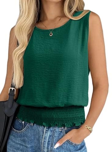 BLENCOT Womens Summer Tank Tops Crew Neck Cutel Sleeveless Smocked Blouses Fashion Boho Beach Shirt Dark Green 2XL - Image 1