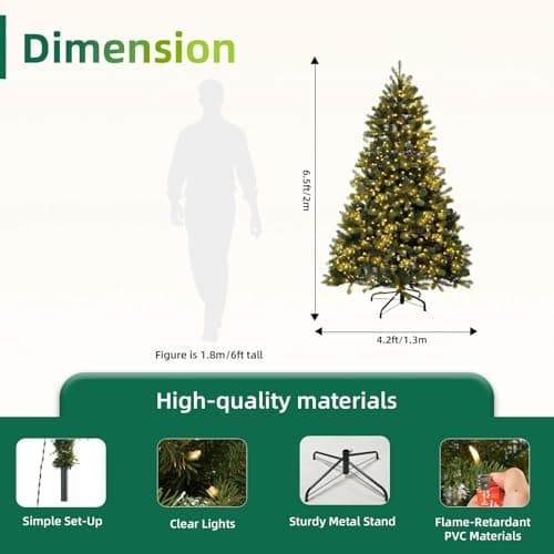 Aovotreena 6.5FT Pre-Lit Artificial Christmas Tree with 650 White Lights,1227 Mixed PE&PVC Branch Tips,Green Full Downswept Douglas Fir Xmas Tree,Foldable Metal Base for Home, Party Holiday Décor - Thumbnail 2