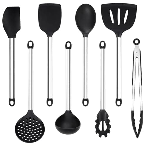 Silicone Cooking Utensils Set, Vayvnt 8 PCS Kitchen Utensils Set with Stainless Steel Handle, Heat Resistant Kitchen Tools for Nonstick Cookware, Large Spatula Spoons Turner, Dishwasher Safe, Black - Image 1