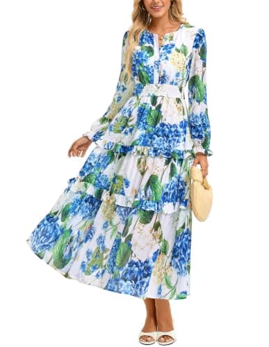 GRACE KARIN Women's Floral Long Sleeve Maxi Dress 2026 V Neck Fall Wedding Guest Outfits Boho Flowy Dresses with Pockets Blue Floral XL - Image 1