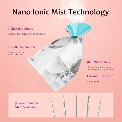 Facial Steamer EZBASICS Ionic Face Steamer for Home Facial, Warm Mist Humidifier Atomizer for Face Sauna Spa Sinuses Moisturizing, Unclogs Pores, Bonus Stainless Steel Skin Kit Blue - Thumbnail 2
