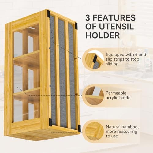 Yofidra Bamboo Utensil Holder & Silverware Organizer: Extra Large Cooking Holder with Absorbing Drying Stone and 6 Compartments Kitchen Countertop Storage Farmhouse Decor Accessories 11.8"X4.7"X5.9" - Thumbnail 6