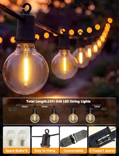 LED Outdoor String Lights, 50FT 25 G40 Bulbs Shatterproof Patio Lights, Commercial IP65 Waterproof Hanging Connectable Warm White Patio Lighting for Backyard Balcony Porch Bistro Cafe, Home Decor - Thumbnail 3