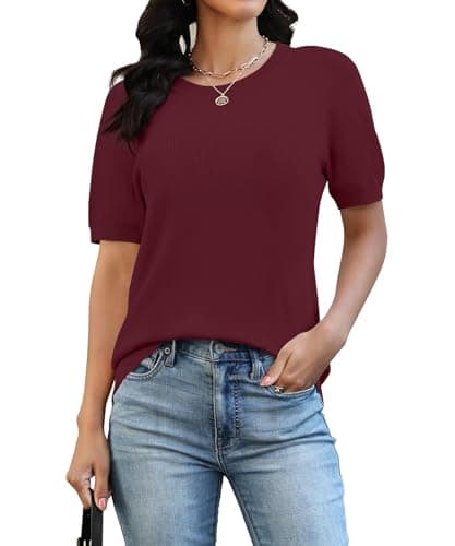NILOUFO Pullover Sweaters for Women Short Sleeve Sweater Top Wine Red - Image 1