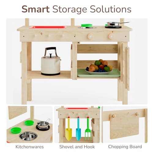Outdoor Play Kitchen for Kids, Mud Kitchen with Water Faucet, Dual-Sided Chalkboard, Storage Shelves, Cups, Removable Sink, and Pretend Stove – Backyard Toddler Playset for Boys and Girls - Thumbnail 5