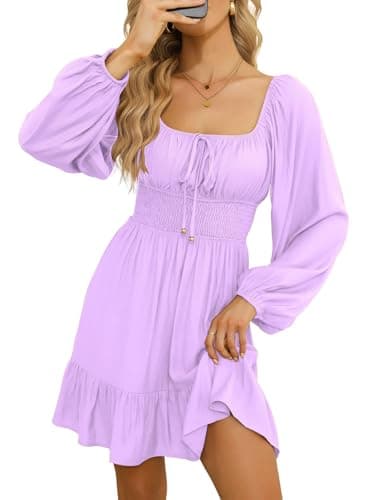 Dokotoo Off Shoulder Summer Dress for Women 2026 Short Long Puff Sleeve Square Neck Sundresses Ruffle A-Line Purple Dresses Elastic Waist Mini Short Dress XX-Large - Image 1