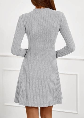 KIRUNDO Sweater Dress for Women 2026 Spring Fall Long Sleeve Mock Turtleneck A Line Fit and Flare Ribbed Knit Short Dresses(Grey, X-Small) - Thumbnail 2
