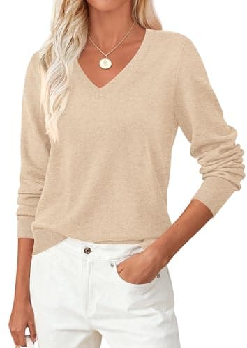 PRETTYGARDEN Women's V Neck Sweaters 2026 Fall Casual Long Sleeve Classic Pullover Cozy Knit Tops Loose Basic Winter Clothing (Beige,Large) - Image 1
