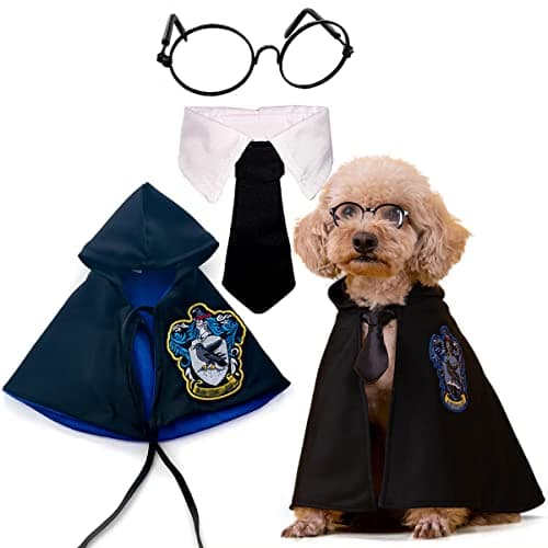 Cat Costumes Halloween 3 Piece Set with Glasses and Neckties, Cat Dog Cosplay Costume Set, Perfect for Party and Gifts for Cat Dog (Blue, Large)
