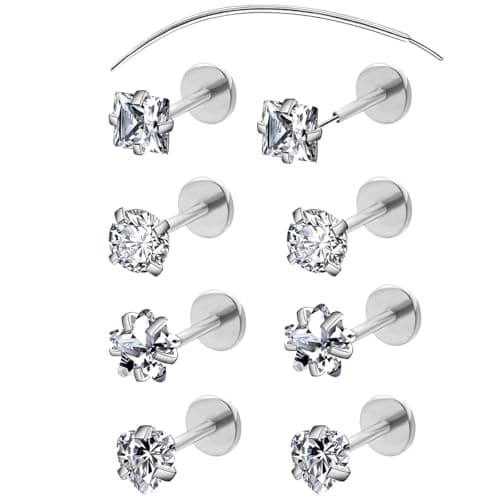 COTATI 20G Flat Back Earrings Stud Threadless Tragus Cartilage Lip Medusa Piercing Jewelry Hypoallergenic (Silver,20G，3/3/3/3mm)