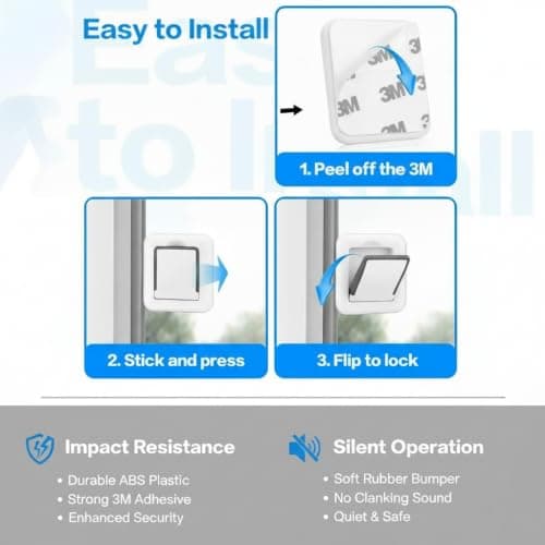 Sliding Glass Door Child Lock 4 Pack | 3M Adhesive No Drill 10s Install Upgraded Solid ABS, Baby Proof Lock for Patio Door, Closet, Horizontal & Vertical Sliding Window | Keep Toddlers Pets Safe - Thumbnail 4