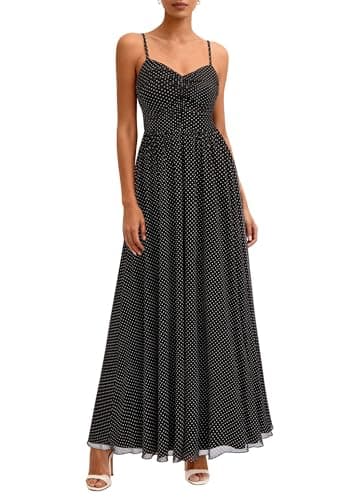 PRETTYGARDEN Women Summer Floral Maxi Dress 2026 Spring Spaghetti Strap Mesh Boho Sundress Party Beach Vacation Long Dresses(Polka Dot Black White,Medium) - Image 1