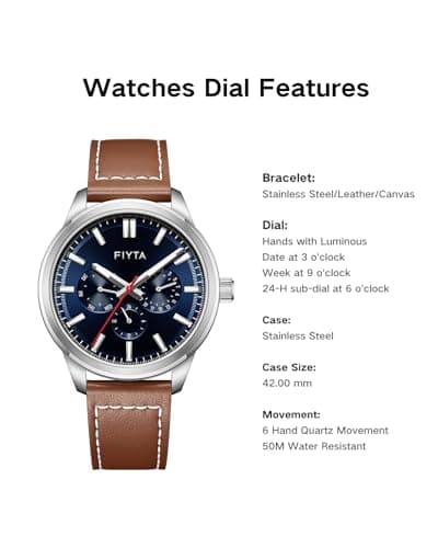 FIYTA Men's Quartz Watch Gold Watch Leather Strap - Thumbnail 4