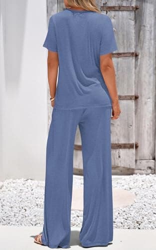 PRETTYGARDEN Womens 2 Piece Outfits Fall Short Sleeve Crew Neck Comfy Sets for Women Clothing Elastic Waist Palazzo Pants (Grey Blue, X-Large) - Thumbnail 5
