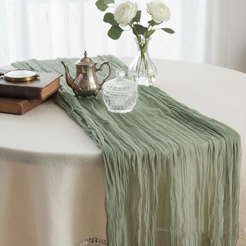 QPOR Green Cheesecloth Table Runner Boho Rustic Gauze Dusty Green Farmhouse 120 inch 10FT Cheese Cloth Runner for Wedding Party Baby Shower Birthday Holiday Home Decor - Thumbnail 5