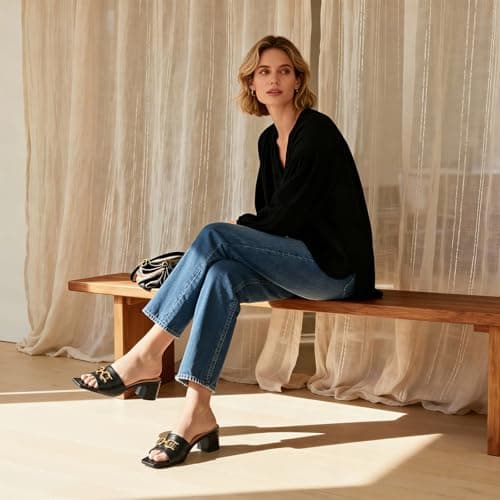 Athlefit Women's Heeled Sandals Black Chunky Heel Mules Square Peep Toe Low Block Heels Slip On Comfortable Summer Dressy Shoes Size 10 - Thumbnail 2