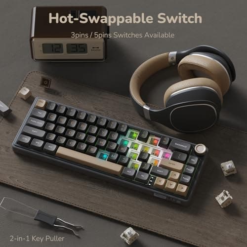 RK ROYAL KLUDGE R65 Wired Gaming Keyboard with Volume Knob, 60% Percent RGB Backlit Mechanical Keyboard Gasket Mount with PBT Keycaps, MDA Profile, QMK/VIA, 66 Keys Hot Swappable Cream Switch, Black - Thumbnail 5