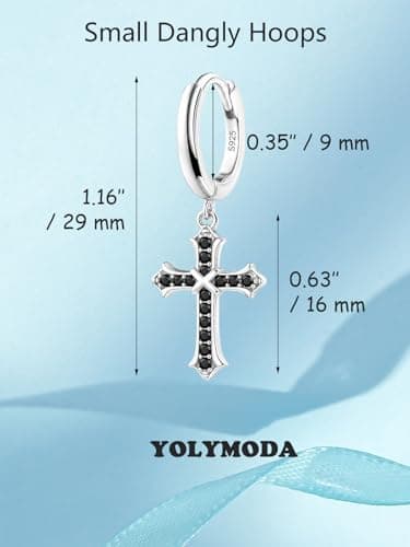 Silver Cross Earrings for Women Men - YOLYMODA Trendy Dainty Small Silver and Black Dangle Cross Hoop Earrings with CZ Charm, Chic Faith 925 Sterling Silver Post Religious Dangling Huggie Hoops - 1.16" Long - Thumbnail 6