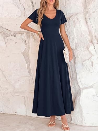 BTFBM Formal Dresses for Women Summer Outfits V Neck Ruffle Sleeve A Line Maxi Elegant Cocktail Wedding Guest Dress 2026(Navy, Large) - Thumbnail 2