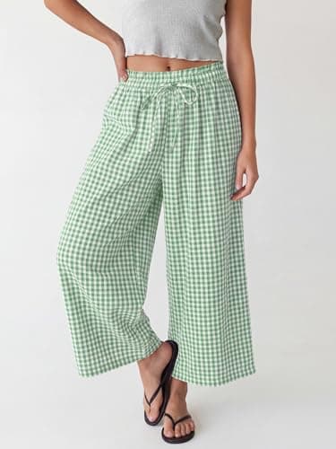 ANRABESS Womens Striped Gingham Palazzo Capri Pants Pajama Wide Leg Lounge Trousers Plaid Cute Crop PJ Bottoms with Pockets Green White Plaid Small - Thumbnail 4