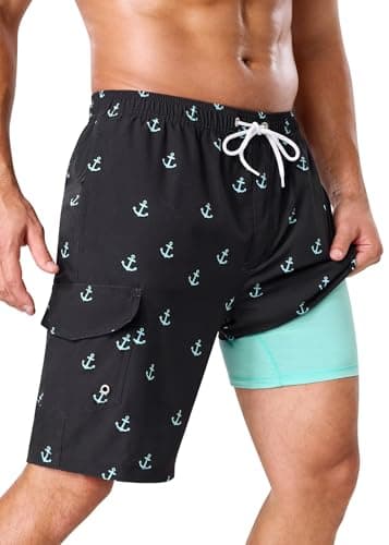 SILKWORLD Mens 9 Inch Stretch Swimming Shorts Compression Liner Swim Trunks Swimwear Bathing Suits Beach Wear Swim Suits, Blue Anchor, Large - Image 1
