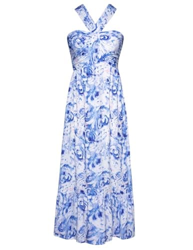GRACE KARIN Women's 2026 Summer Floral Maxi Dress Criss Cross Halterneck Sleeveless Flowy A Line Boho Beach Vacation Casual Dress Peony Blue M - Image 1