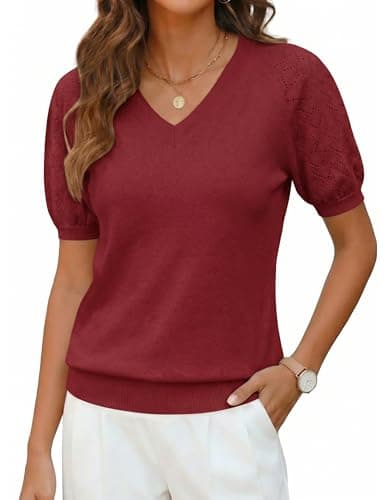 LaGracia Puff Short Sleeve Sweater for Women Summer Puff Sleeve Sweater Tops Spring V Neck Cauasl Dressy Shirts Cute 2026 Dark Red L - Image 1
