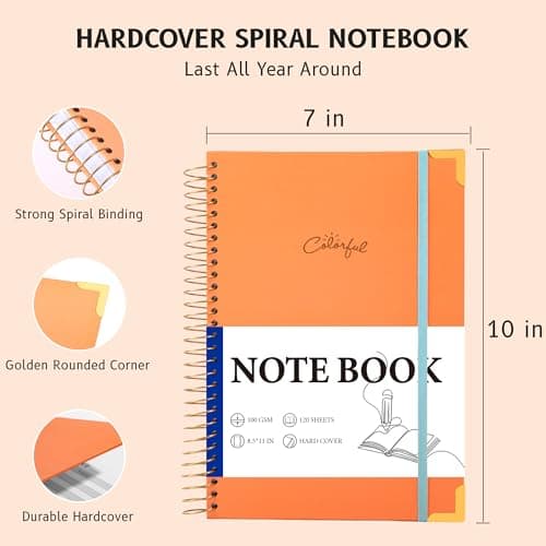 Yoment Hardcover B5 Spiral Notebook 200 Pages with Folder Pockets, College Ruled Notebooks for School Home 7 X 10 Aesthetic Cute Notebooks for Women, Orange - Thumbnail 3