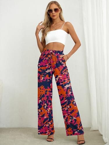 Heymoments Women Wide Leg Pants Rosy Clouds X-Large High Waist Loose Casual Pants Adjustable Tie Knot Belted Long Straight Trousers with Pockets - Thumbnail 4
