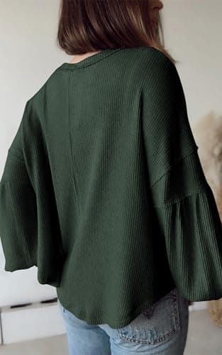 BTFBM Womens Fall Fashion 2026 Long Sleeve Shirts Casual V Neck Ribbed Knit Blouses Pullover Trendy Loose Fit Tunic Tops(Solid Dark Army Green, Small) - Thumbnail 3